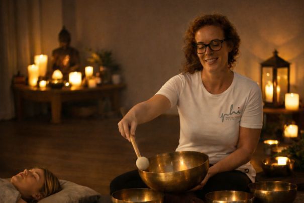 Sulyok Brigitta Minicsoportos Hangfürdőt tart: bal kezében egy hangtál, jobb kezével megszólaltatja, miközben mosolyog. A háttérben gyertyákat látunk, a kép bal alsó sarkában egy relaxáló nő feje lóg be a képbe, és az egész képnek kellemes, cozy hangulata van.